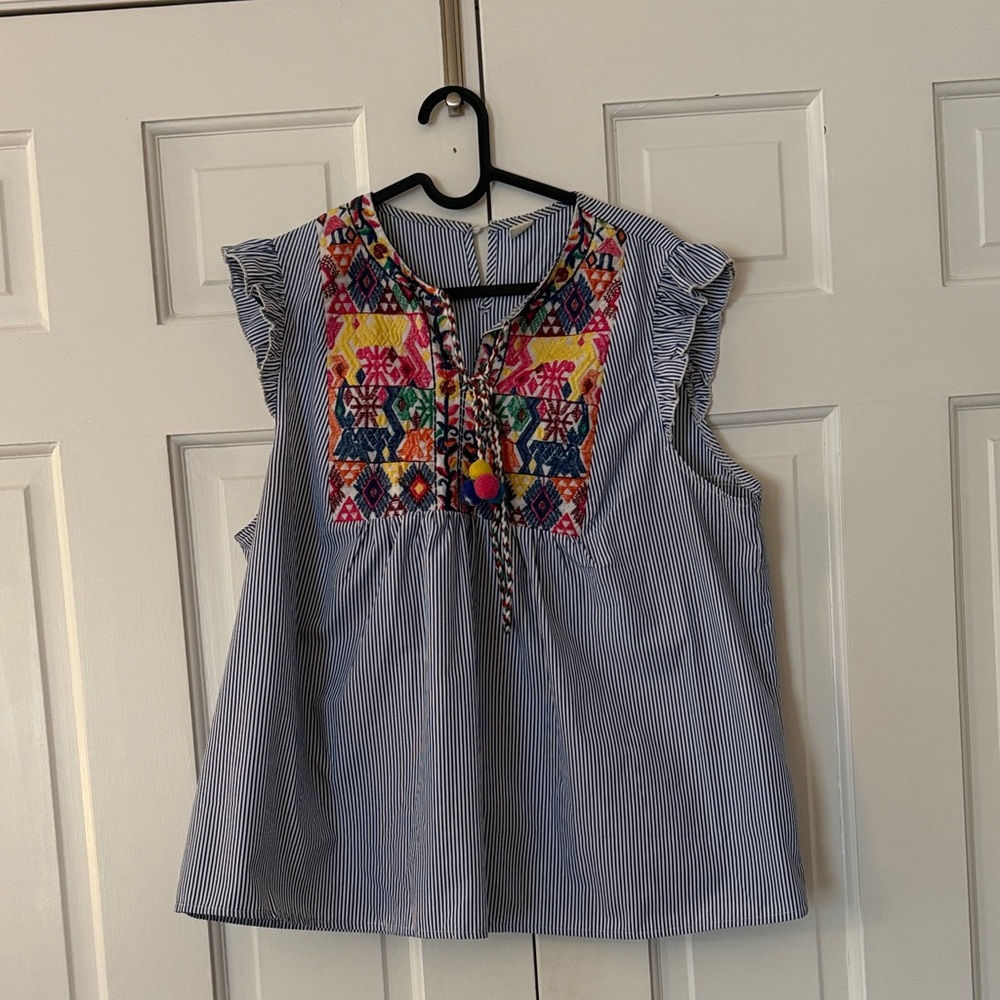 Striped Sleeveless Top with Colorful Embroidery